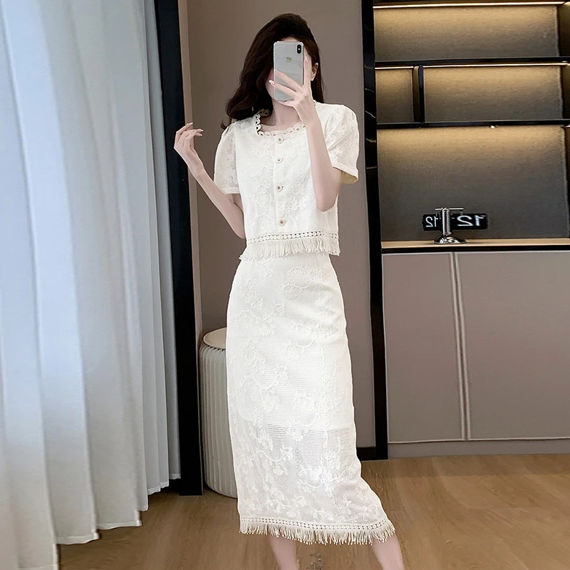 法式小香风短袖上衣女夏季套装两件套裙千金气质名媛高级感半身裙