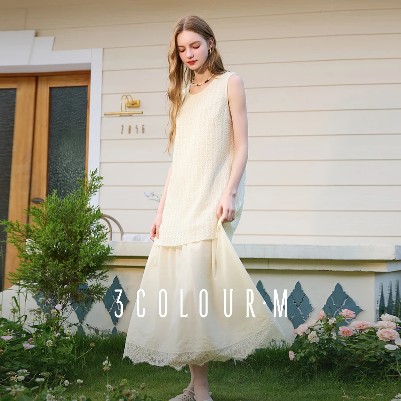 三彩2025夏季假两件连衣裙无袖花边拼接A字长裙淡人设计感女M0128