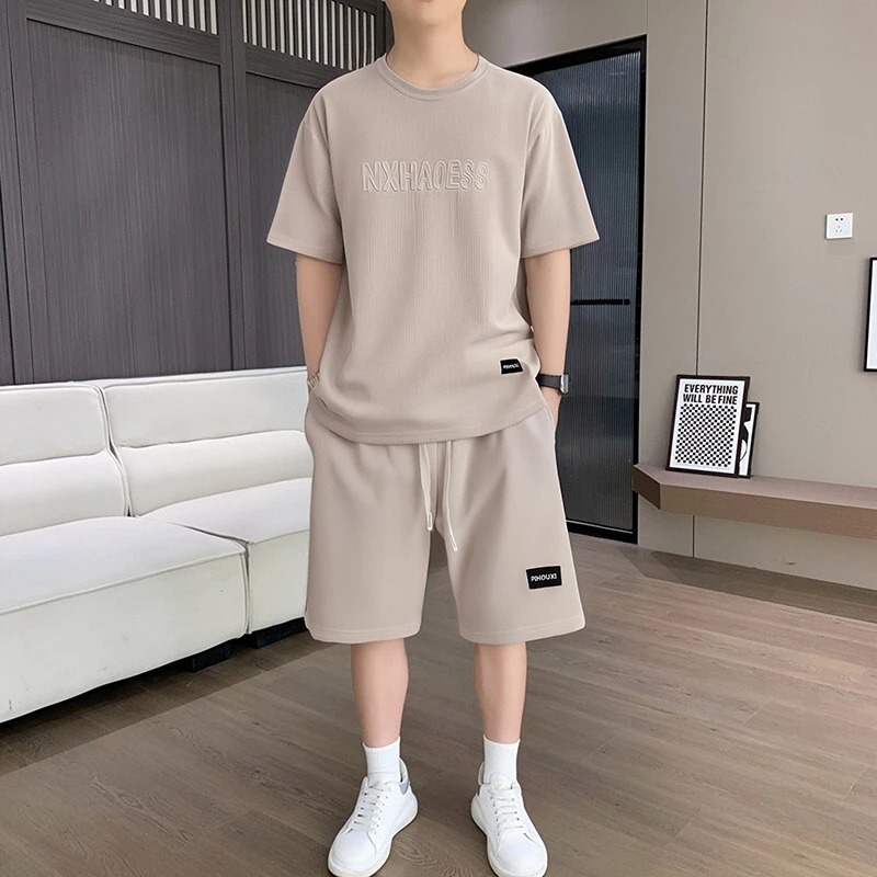 字母钢印休闲运动套装男士夏季短裤短袖潮流速干半袖夏装圆领T恤