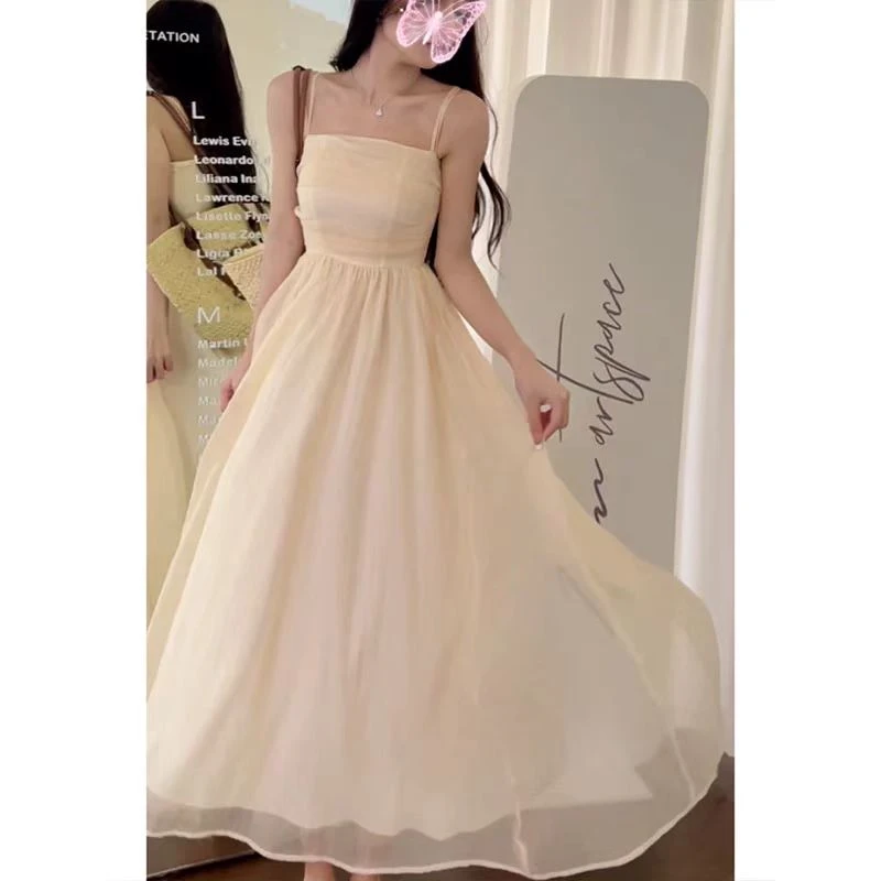 纯色温柔皱褶抹胸吊带连衣裙女新款洋气收腰显瘦吊带长裙