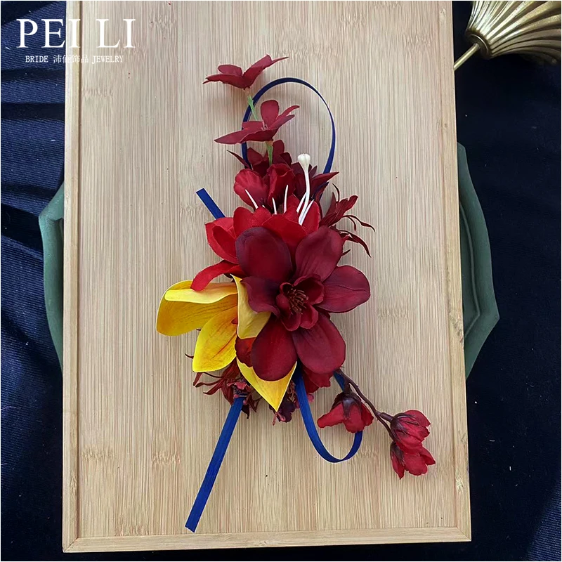 新娘酒红花朵发饰新中式头花结婚配饰品晨袍女婚礼秀禾头饰高级感