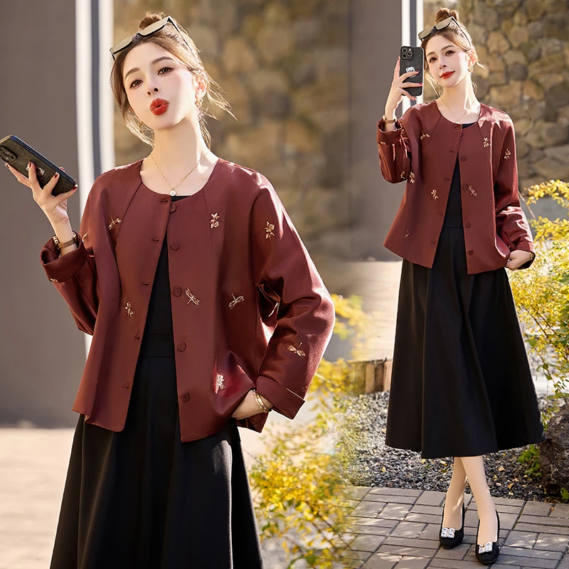 新中式国风外套春秋气质新款安可拉红刺绣短款女装休闲百搭上衣