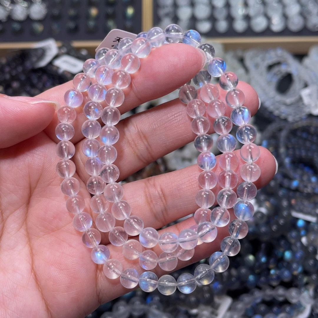 月光石手链未镶嵌山**川冰透蓝月光手链多圈6mm