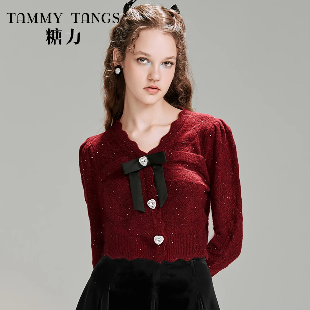 【达人专属】糖力秋冬红色钻饰蝴蝶结亮片针织衫女短款毛衣上衣