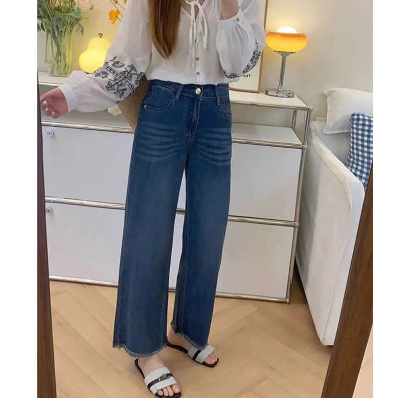 蓝色毛边直筒牛仔裤女夏季薄款大码胖mm高腰显瘦小个子九分阔腿裤