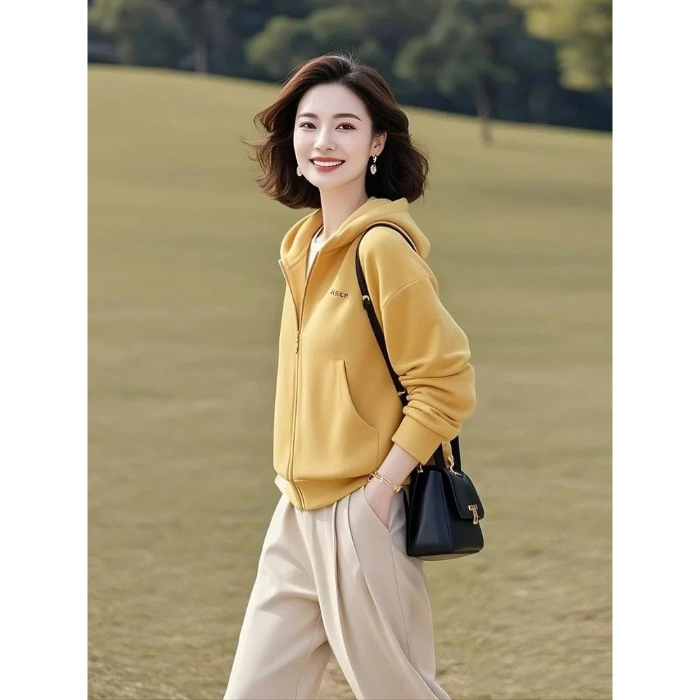 【93%好评率】减龄漂亮洋气小个子短款显瘦百搭黄色连帽卫衣外套女2