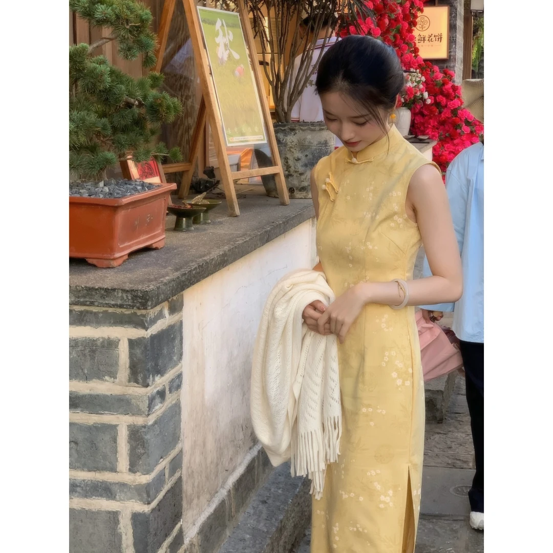 凌儿小姐【花间影】优雅立领显瘦修身少女日常黄色旗袍