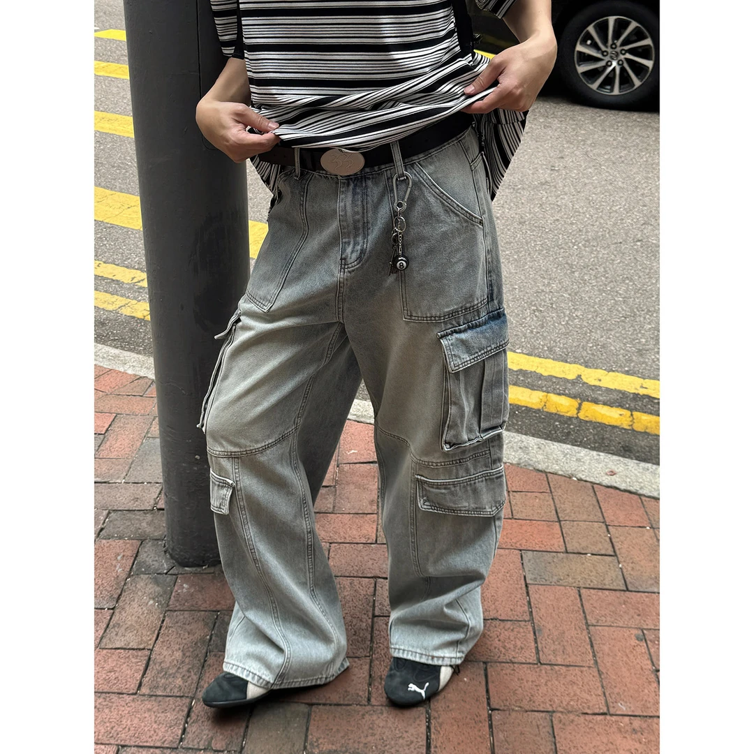 19studio WAYNEPRINCE水洗做旧工装牛仔裤男多口袋拼接设计阔腿裤