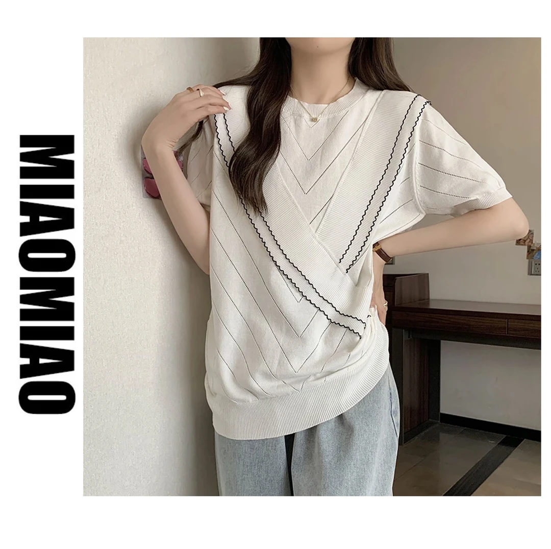 大码女装2023夏装新款洋气针织短袖T恤胖妹妹遮肚冰丝上衣758