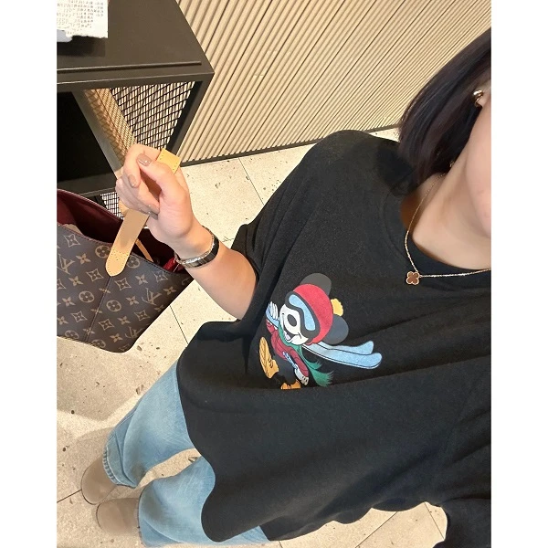 【滑雪Tee】宽松版 chao慵懒好看减龄卡通印花灰色短袖T恤