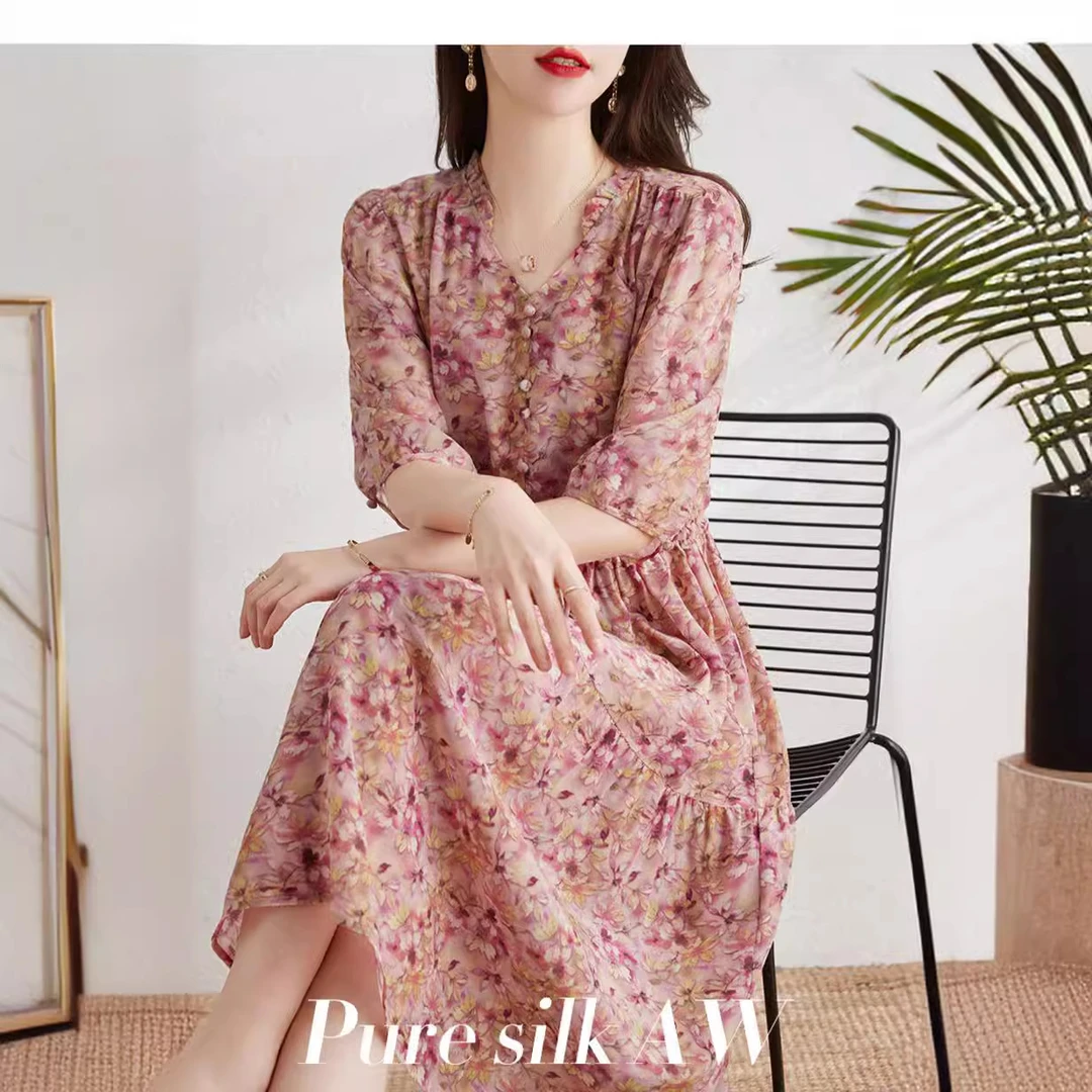 粉色桑蚕丝连衣裙女2025夏季新款韩系印花真丝宽松收腰显瘦连衣裙