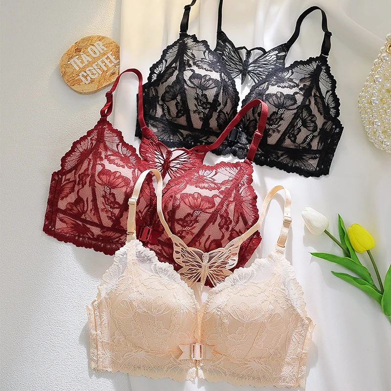 新款前扣夏季女士蝴蝶美背内衣薄款法式时尚小胸聚拢无钢圈文胸罩