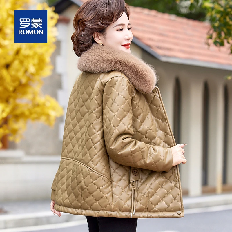 罗蒙新款妈妈装PU皮棉衣加绒加厚保暖棉袄洋气中年女装棉服外套女