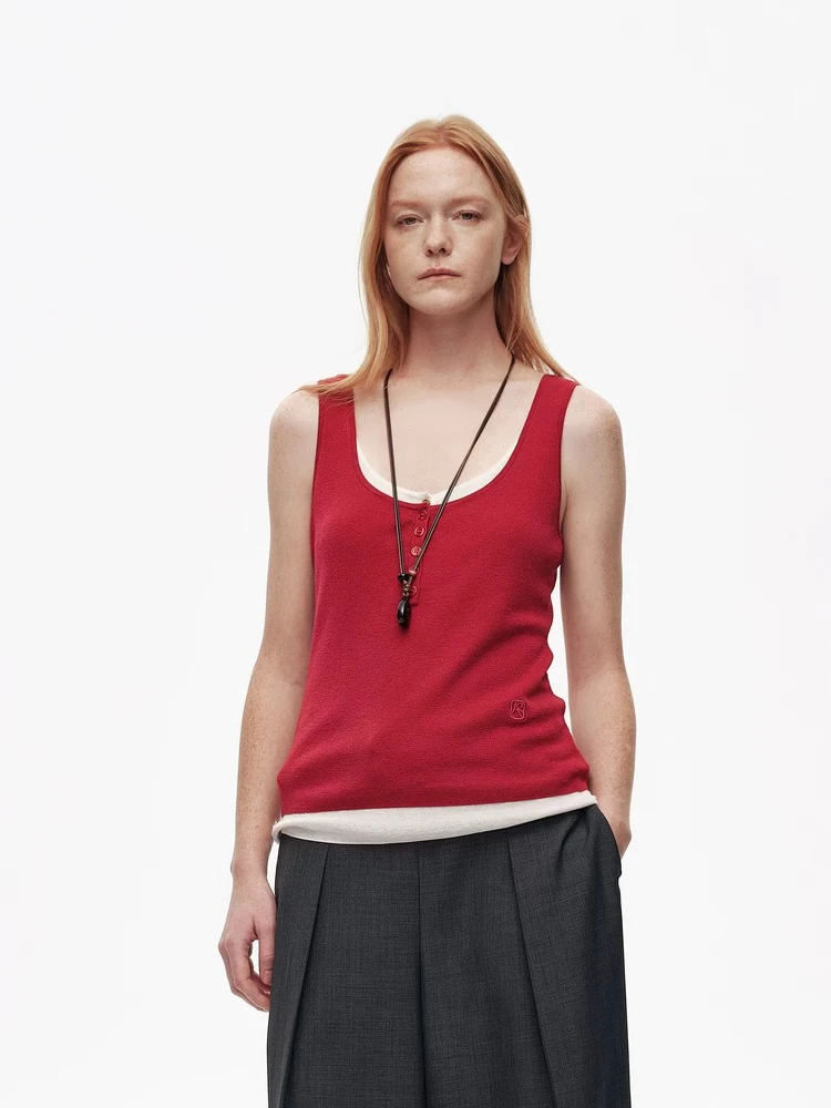 “AVVENN”2025夏季新品羊毛混纺红白撞色假两件叠穿背心