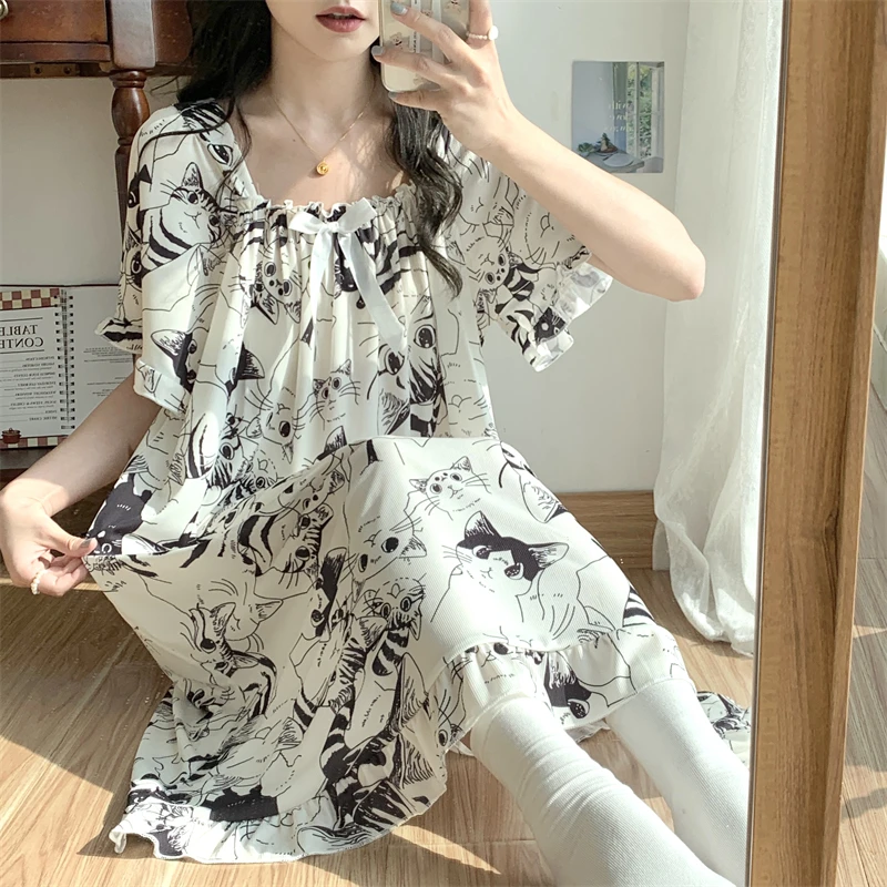 短袖睡裙女夏季冰丝薄款卡通小清新加肥大码胖MM300斤宽松家居裙
