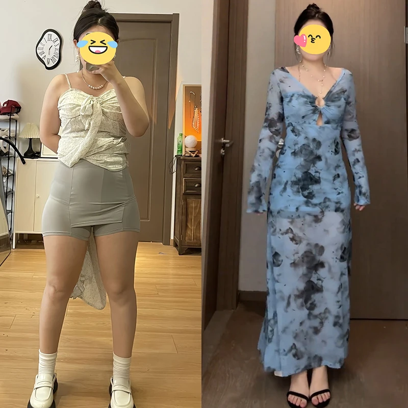 蓝色扎染长袖连衣裙女夏季性感网纱长裙热辣妹显身材包臀鱼尾裙子