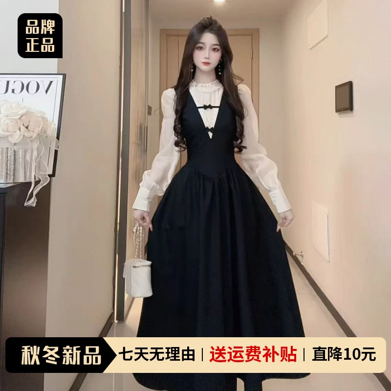 法式赫本风千金感黑色连衣裙子女2025秋季新款高级感气质长裙套装