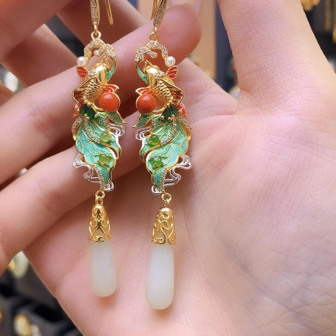 和田玉银S925镀金镶嵌耳饰