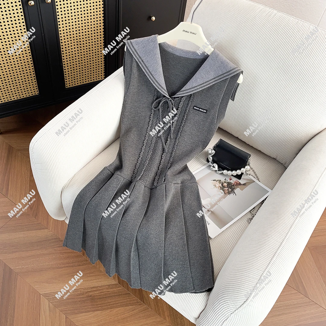 夏季学院风海军领灰色无袖a字花边针织连衣裙女修身DY6619