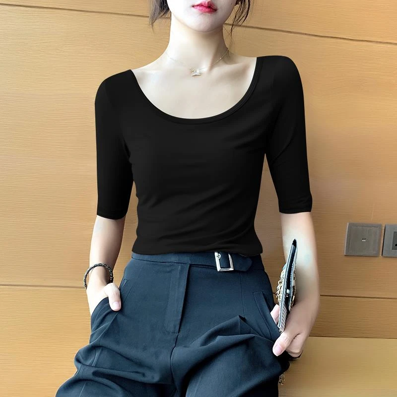 莫代尔黑色中袖恤女短袖早初秋薄款低领五分袖修身内搭打底上衣