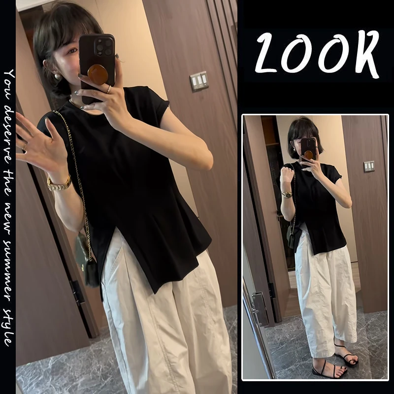 盐系轻熟两件套装女夏季时尚气质开叉短袖上衣+休闲裤穿搭一整套