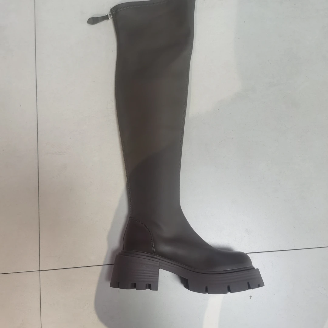 常规款法式胶粘黑色直筒靴弹力靴防水台圆头长筒防滑