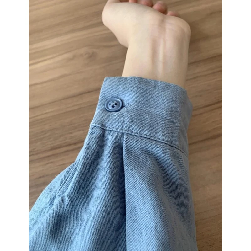 蓝色设计感小众翻领衬衫外套女春夏2025新款别致上衣内搭长袖衬衣