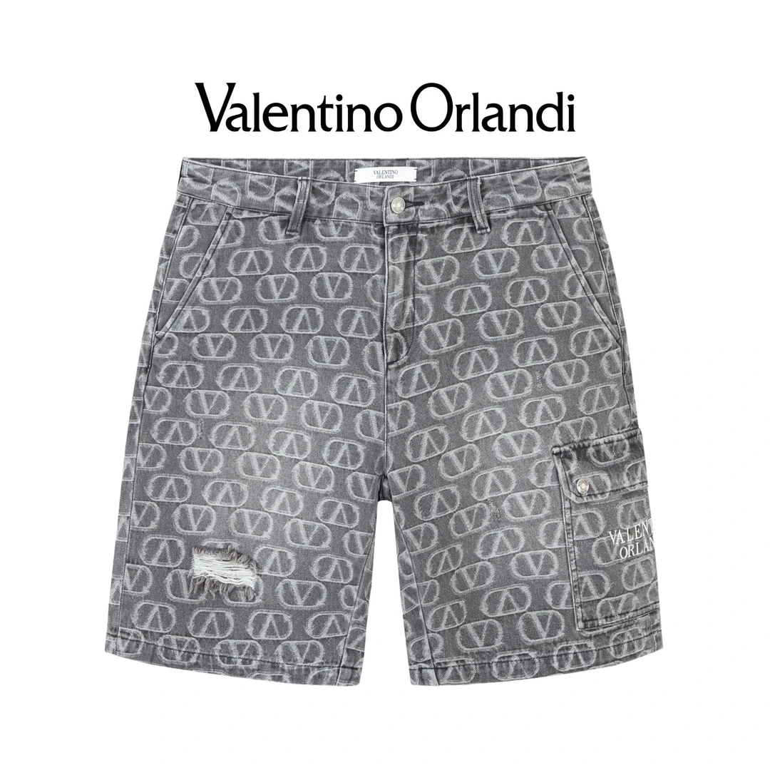 Valentino orlandi男士夏季时尚百搭满印老花logo破洞牛仔短裤