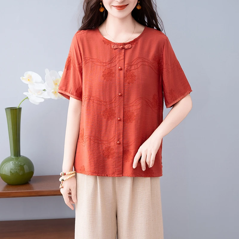 2025新款妈妈装新中式五分袖T恤时尚中老年夏季宽松洋气绣花小衫