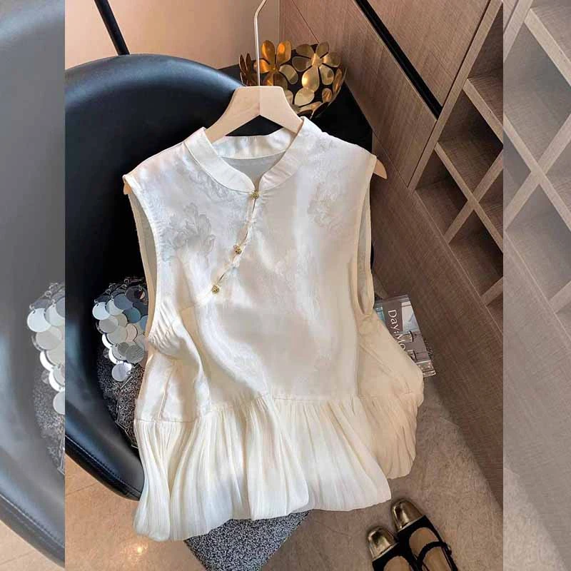 新中式国风夏季斜襟钉珠提花宽松大码衬衫女无袖显瘦独特高级感衣