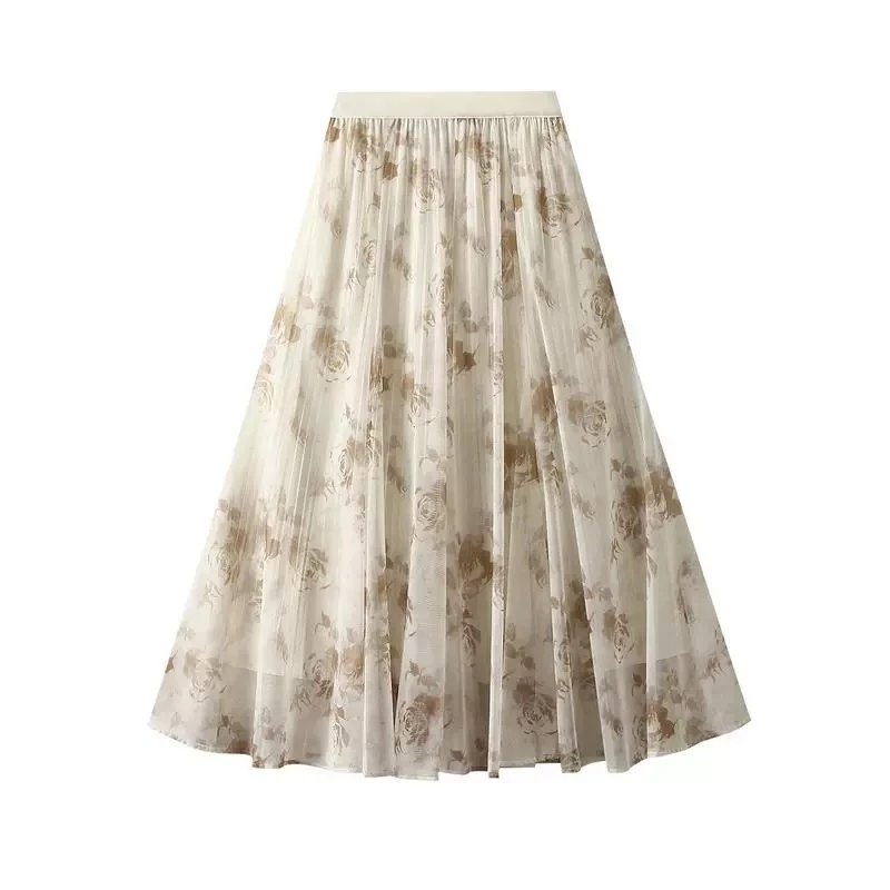 文艺扎染印花网纱气质半身裙裙子女2025春夏季新款高腰a字裙