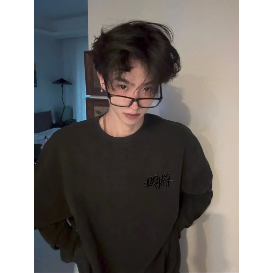 美式设计感浮雕字母印花套头圆领卫衣男女秋冬季百搭休闲情侣上衣