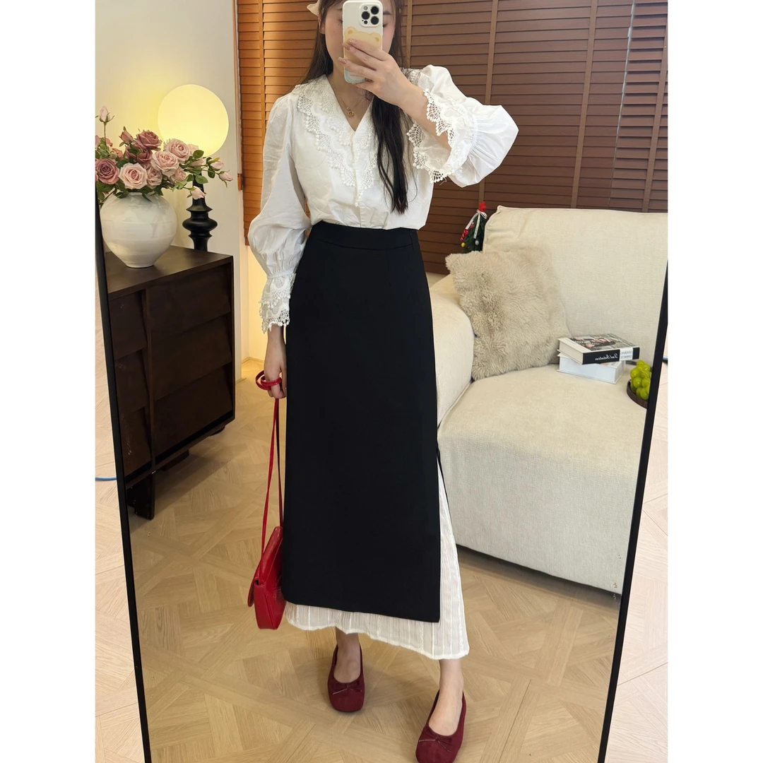 春季黑色高腰蕾丝拼接设计感半身裙百搭高腰显瘦简约精致西装长裙
