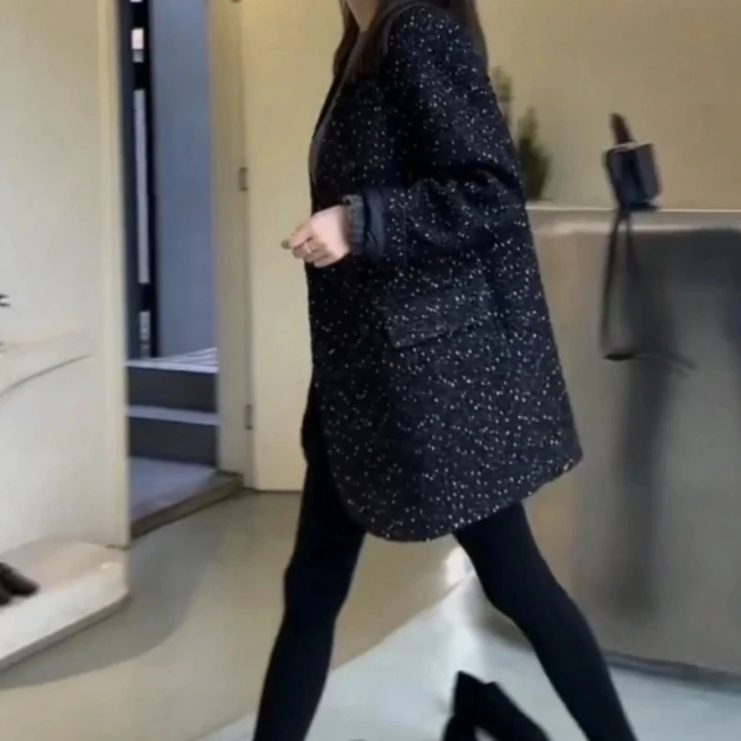 时尚百搭休闲潮流精品女装遮屁股小香风宽松上衣黑色秋冬00153