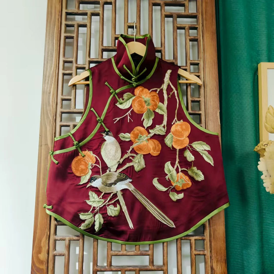 （LS629-16）凤徕兮私人定制暗红色光板底柿柿如意花盆领盘扣马甲