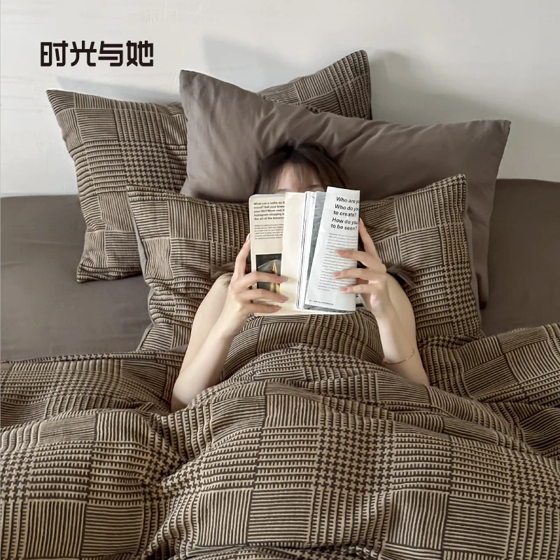 复古丨全棉色织双层纱四件套床单款提花棕色系被套中古风床上用品