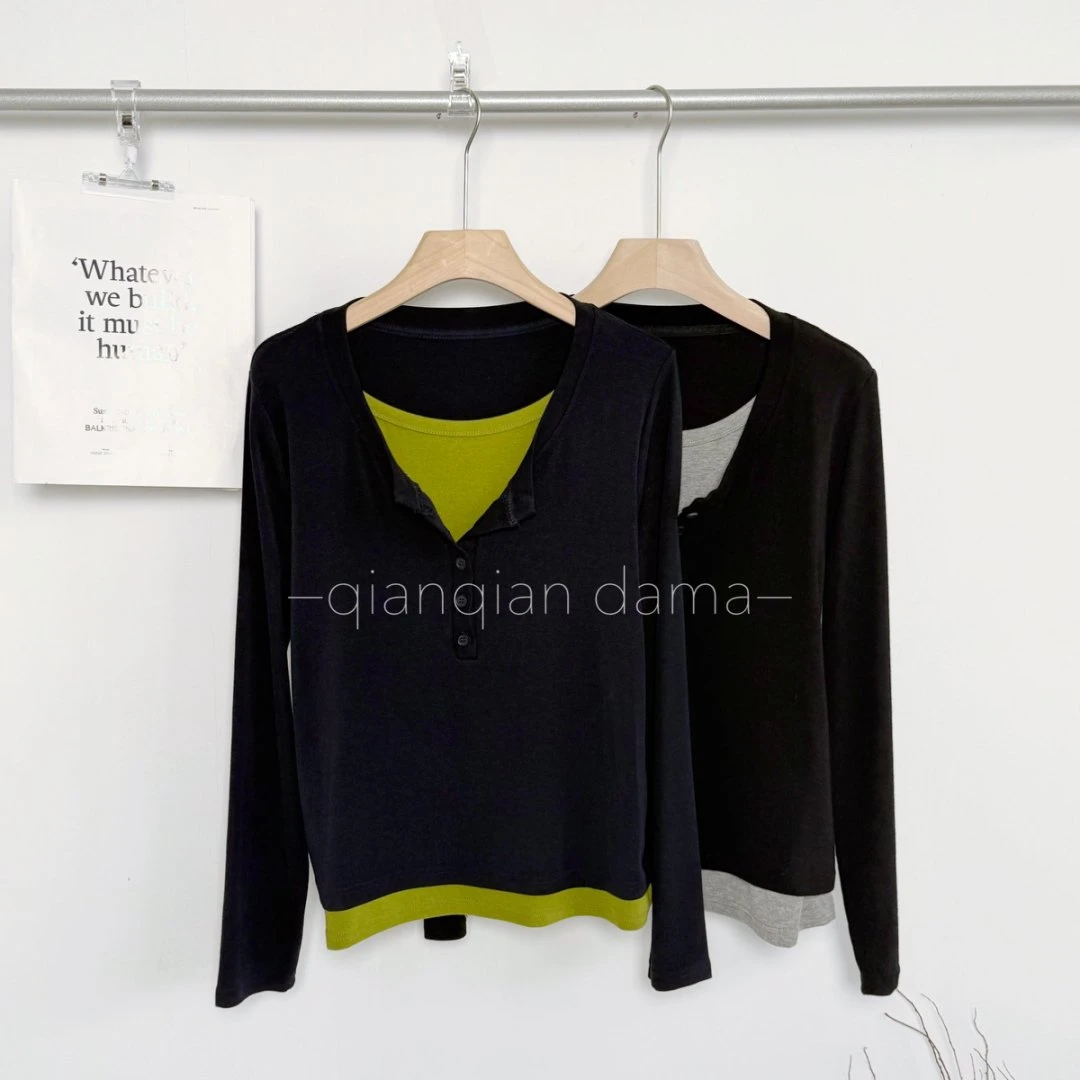 芊芊大码秋季撞色拼接假两件长袖修身显瘦上衣【JQ77325】