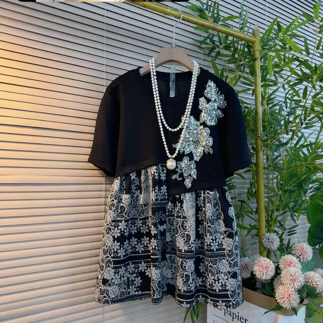 新中式时尚爆款废土风高级ins通勤拼接设计感遮肉百搭大码短袖衫