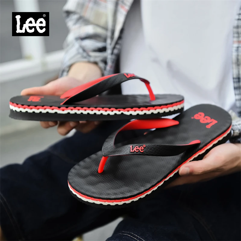 Lee男士人字拖夏舒适防滑户外凉拖印花黑色夹脚休闲拖鞋L242UF207