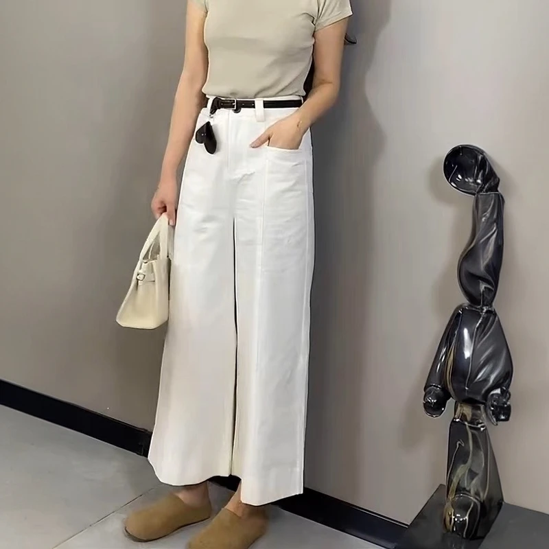 韩系白色高腰阔腿牛仔裤女2025夏季薄款胖mm宽松显瘦直筒九分裤子