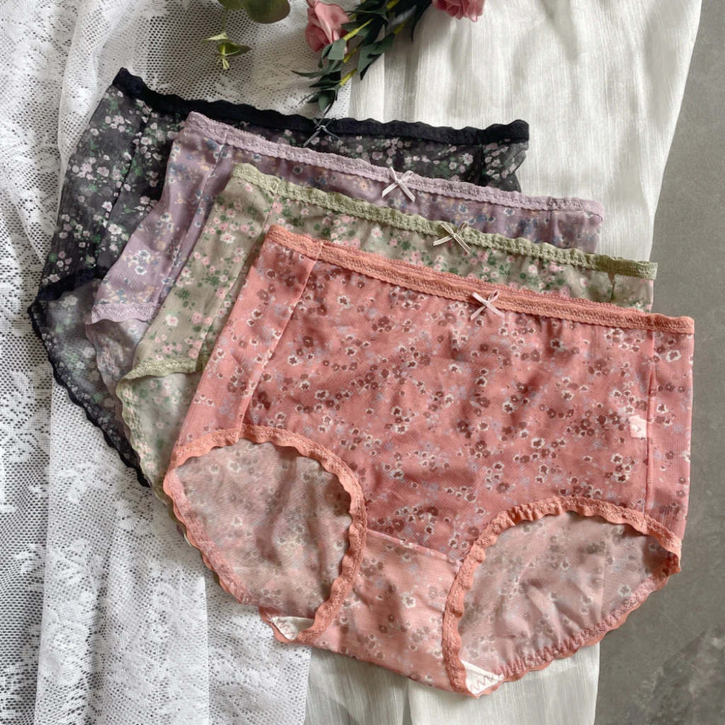 碎花内裤女大码网纱性感蕾丝边中腰甜美网红三角裤夏季薄款裤头