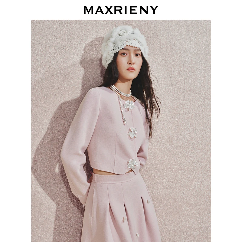 【贵雅日常-商场同款】MAXRIENY宫廷浪漫立体钉花截短毛呢外套