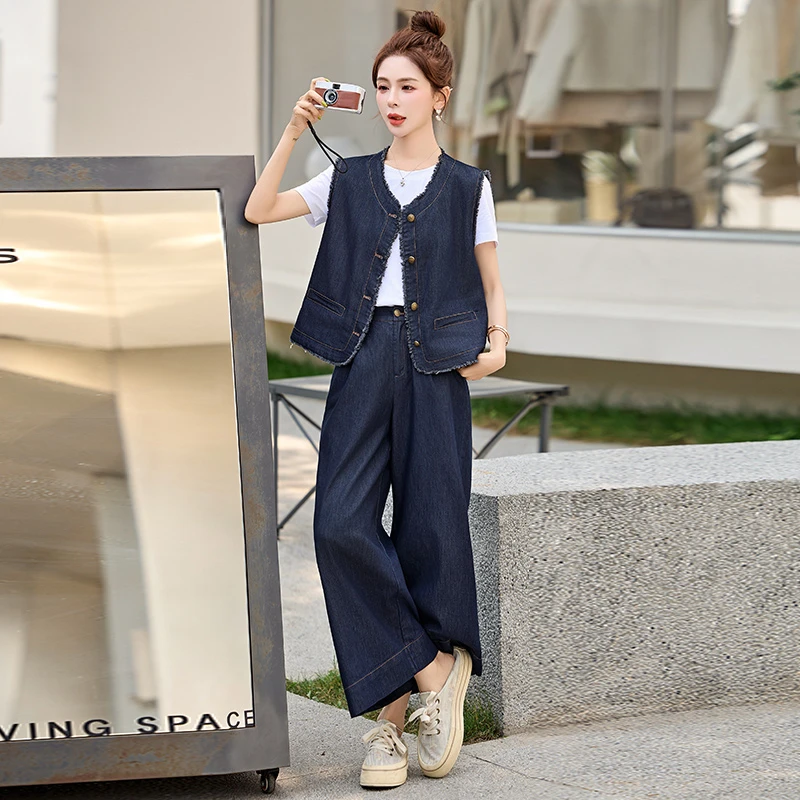 欧货牛仔搭配一整阔腿裤套装女夏高级感休闲马甲气质t恤三件套潮