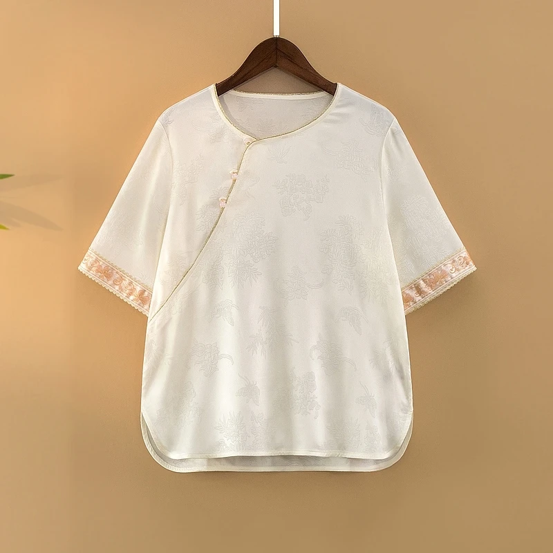 【白茵】夏季2025新款上衣小衫新中式女装国风圆领提花气质短袖衬衫