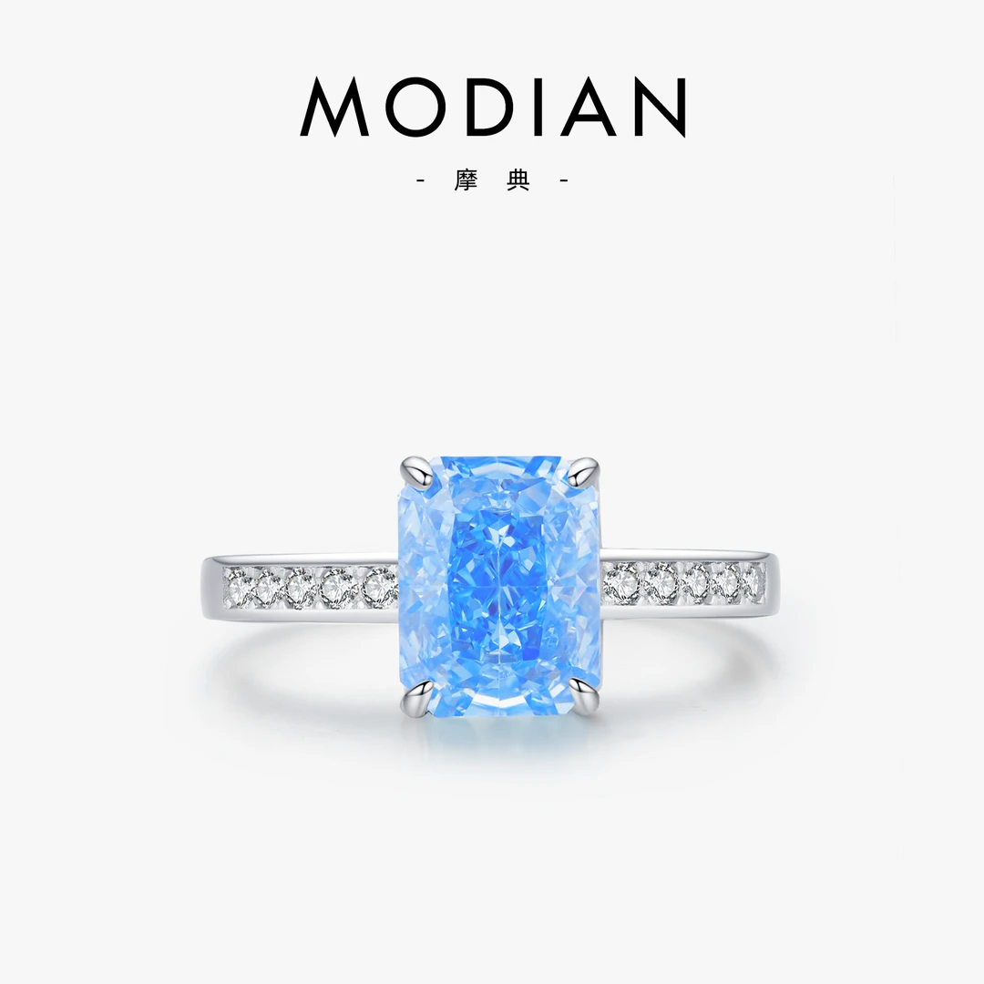 MODIAN/摩典 925银戒指 轻奢高级感冰花切蓝色戒指女ins潮食指戒