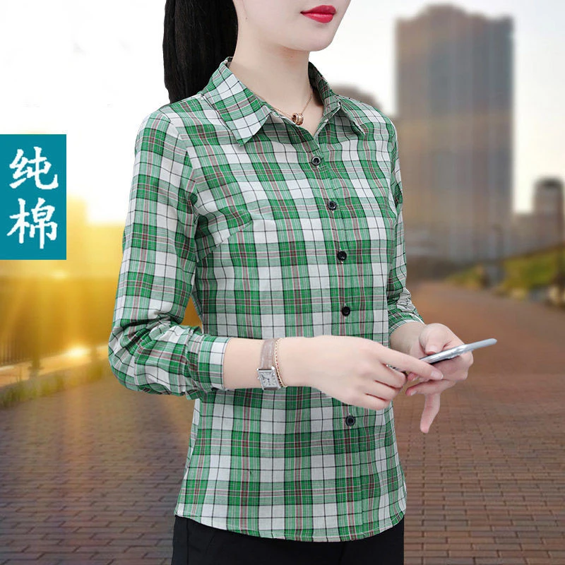 时尚纯棉格子衬衫女长袖春秋新款洋气中年妈妈衬衣遮肚外穿上衣