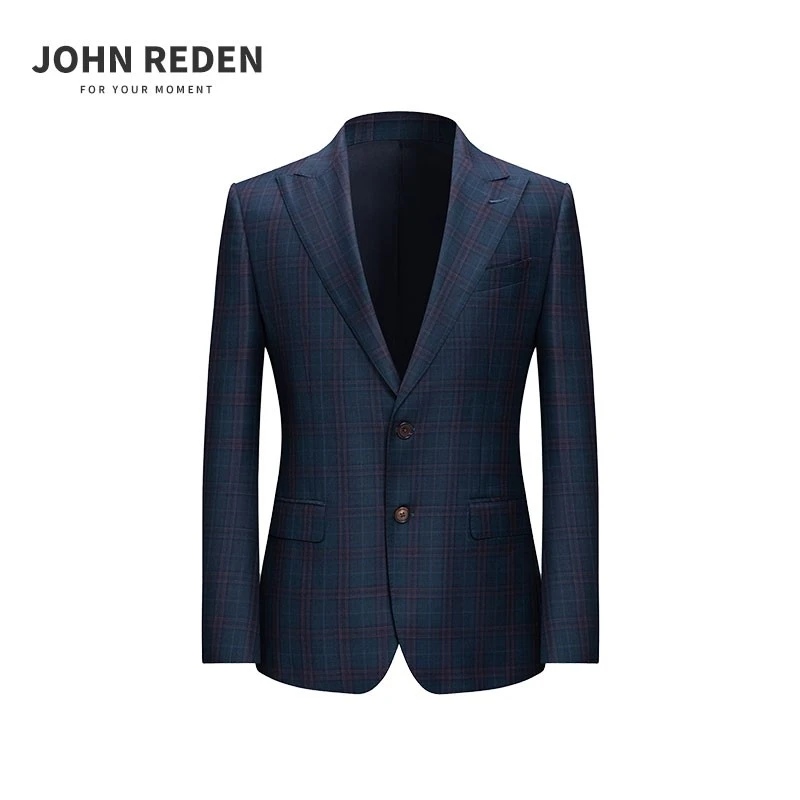 【意大利进口REDA面料】男士时尚高级定制西装套装墨蓝格子修身西服
