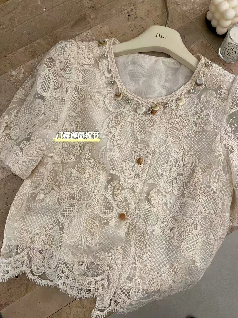 【婷姐家】欧货重工高品质领口纯手钉珠洋气百搭韩版小衫