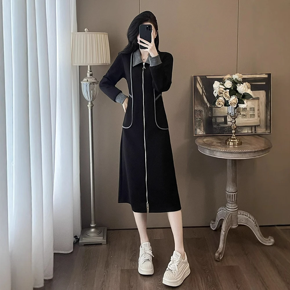 秋季新款超显瘦休闲卫衣连衣裙女双拉链设计感精致优雅黑色长裙子