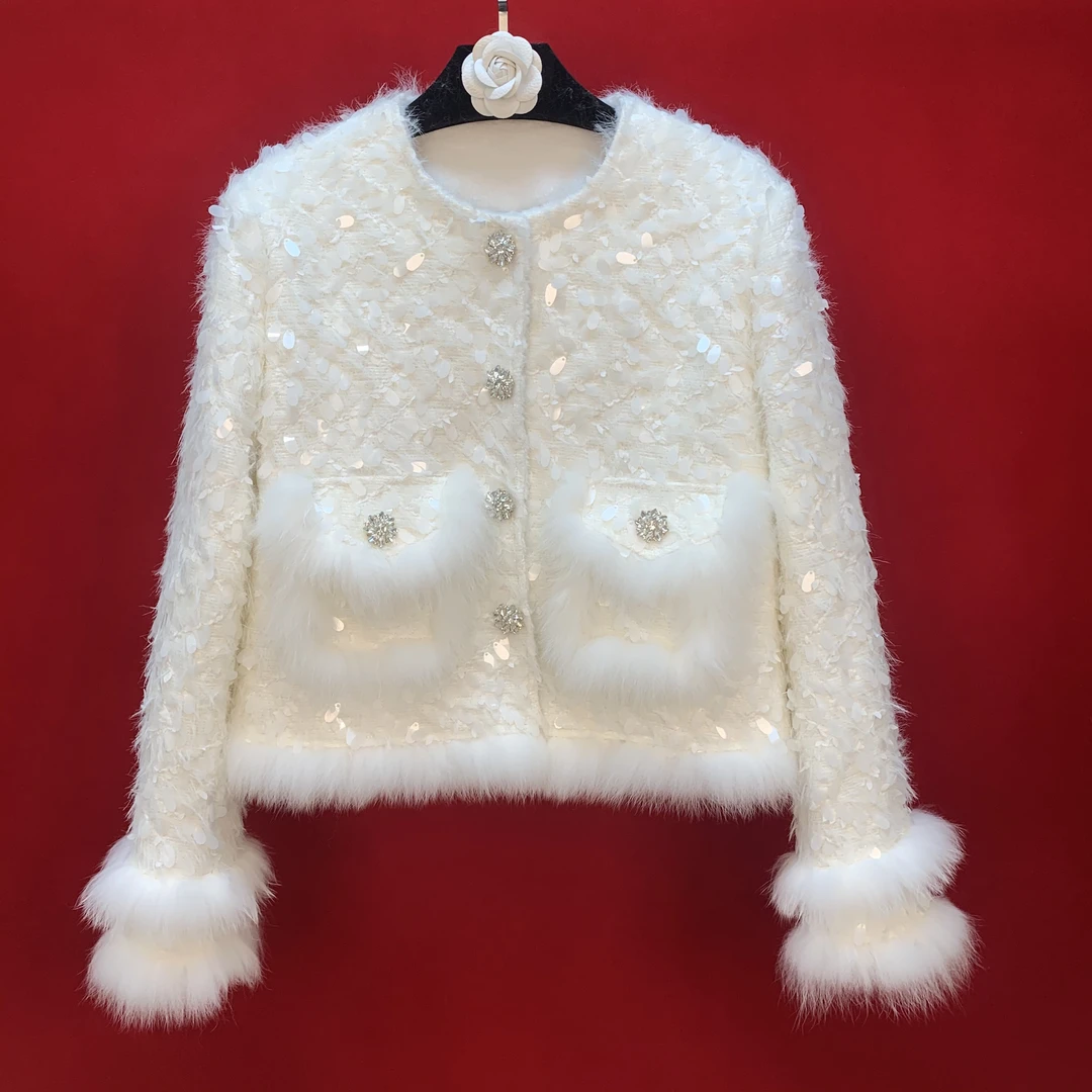 冬季加棉【雪空灵】白色法式轻奢重工高级感小香风毛毛外套上衣女